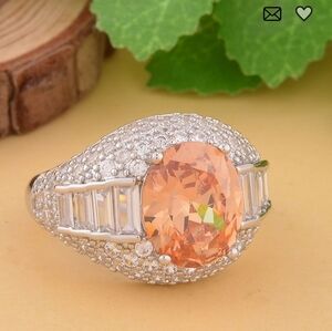🆕️Size 6 Simulated Peach & White Sapphire Diamond Ring in Silvertone 12.00 ctw